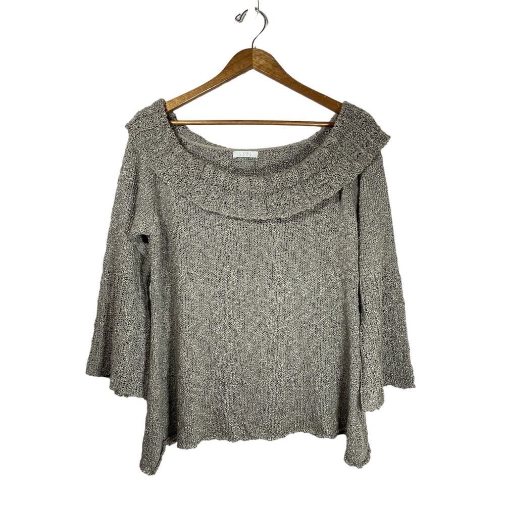 SAGA Sweater Gray Soft Popcorn Flutter Sleeve Raw Hem Lagenlook Boho Relaxed Fit